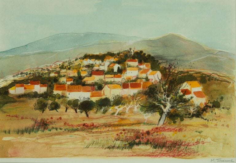 Michel JOUENNE (né en 1933). - Paysage au village provençal - Dessin à l'aquare…