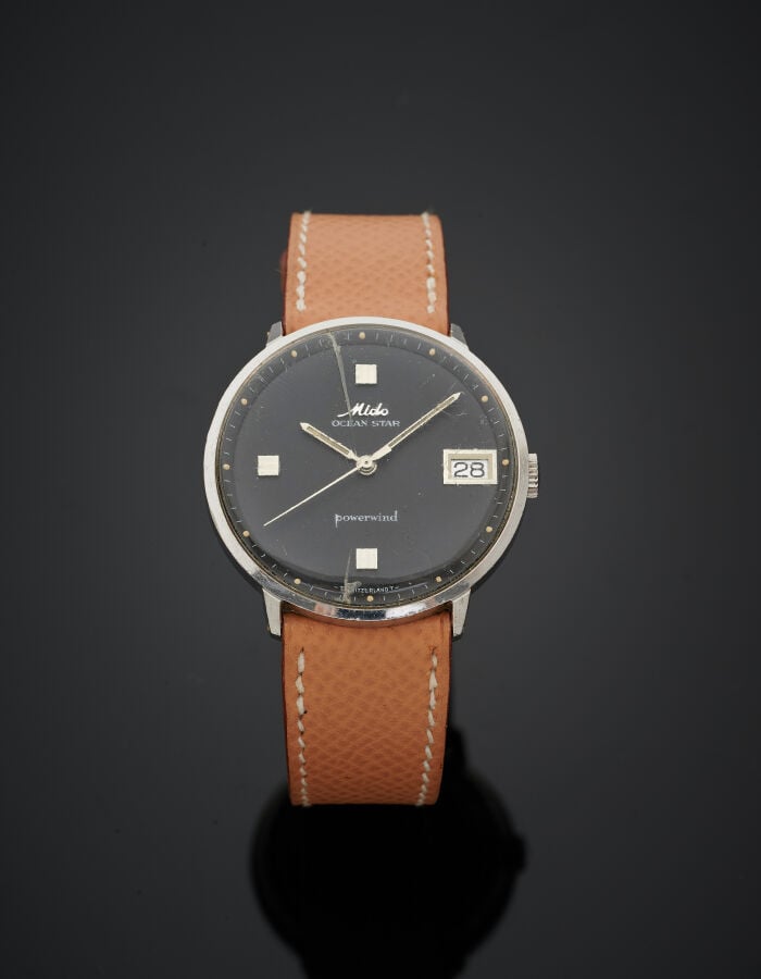 MIDO pour HERMES - BRACELET MONTRE ronde, modèle « Ocean Star » en acier. Cadra…