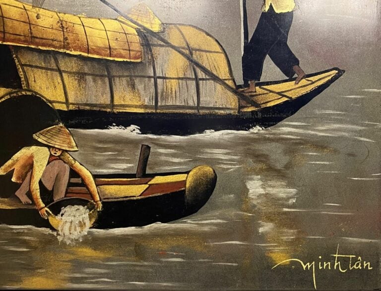 MINH TAN - Pêcheurs sur les berges - Panneau de bois laqué signé en bas à droit…