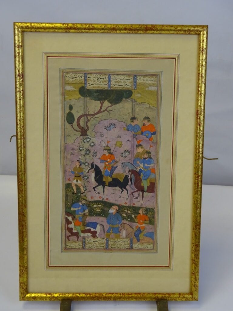 Miniature persane à décor de cavaliers dans un paysage arboré - Gouache sur pap…