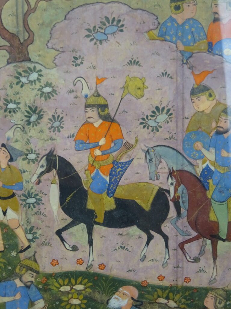 Miniature persane à décor de cavaliers dans un paysage arboré - Gouache sur pap…