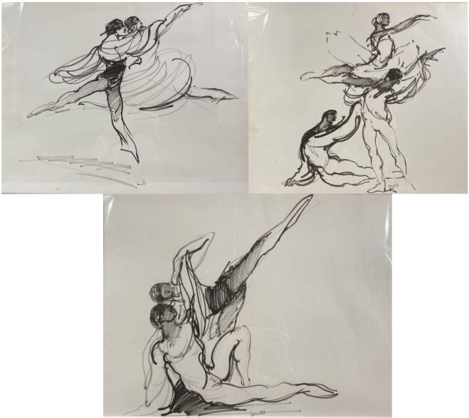 Monique LANCELOT (1923 -1982) - Lot de trois dessins encadrés représentant des…