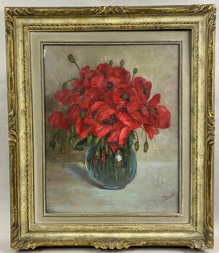 MONTI - Nature morte aux coquelicots - Huile sur panneau - 50 x 40 cm