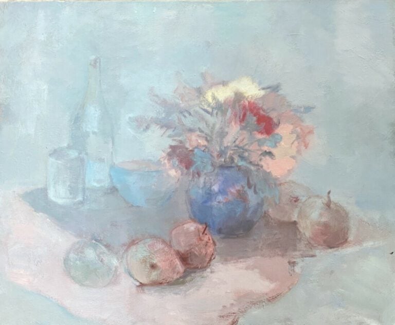 Nature morte au bouquet de fleurs et bouteille - Huile sur toile, - 54 x 65 cm