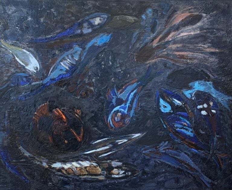Nature morte aux poissons - Huile sur toile, - 65 x 81 cm