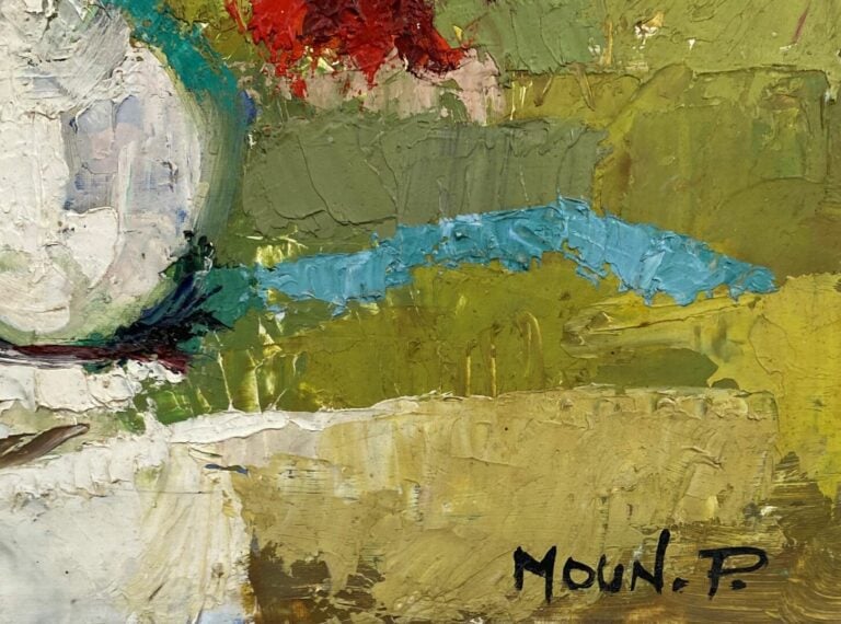 P. MOUN (XXe siècle) - Bouquet de fleurs - Huile sur isorel, signé en bas à dro…