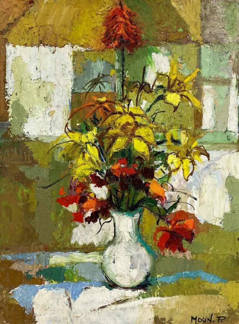 P. MOUN (XXe siècle) - Bouquet de fleurs - Huile sur isorel, signé en bas à dro…