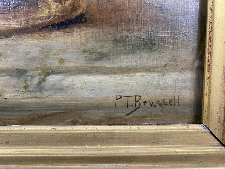 P. T. BRUSSELL - Vase de fleurs sur un entablement - Huile sur panneau - 34 x 2…