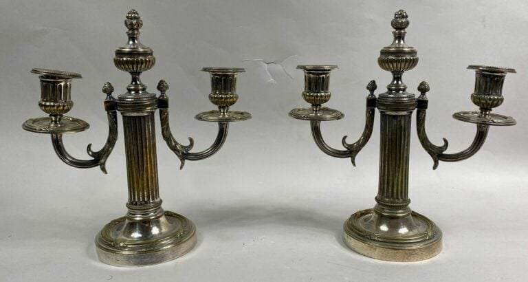 Paire de candélabres en bronze argenté à deux lumières, le fût cannelé à décor…