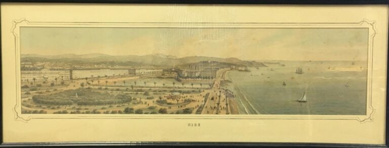 Paire de gravures rehaussées à l'aquarelle, Panoramas de la Promenade des Angla…