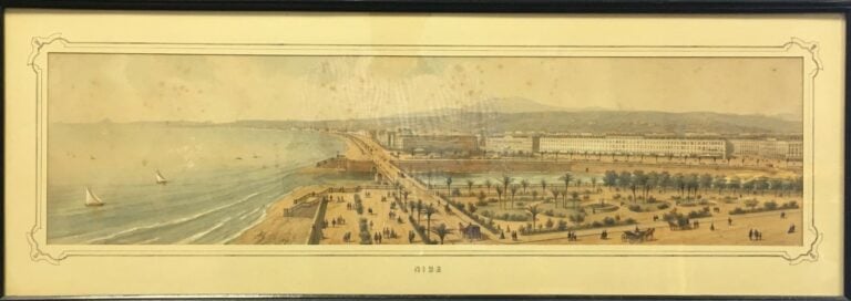 Paire de gravures rehaussées à l'aquarelle, Panoramas de la Promenade des Angla…