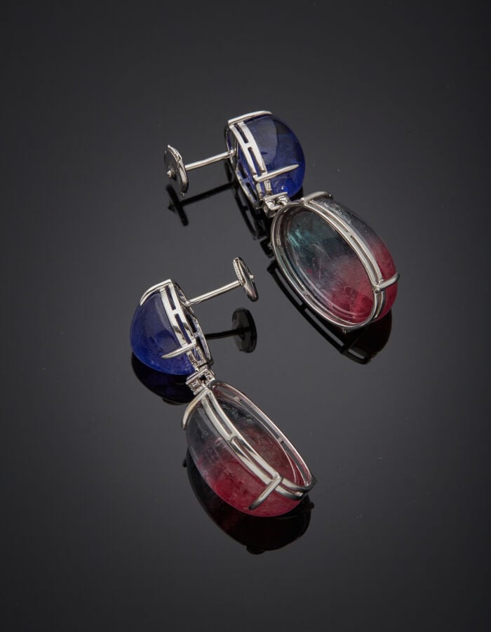 Paire de PENDANTS d'OREILLES ovales en or gris (750‰) serti de deux tanzanites…