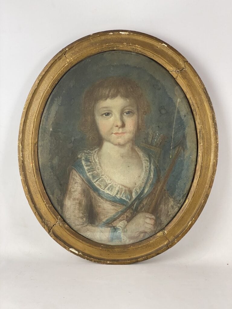 Paire de portraits ovales représentant un homme et un enfant en costume - L'enf…