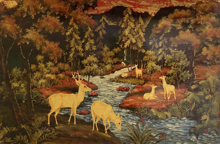 PANNEAU DE BOIS LAQUES AUX BICHES - Biches et cerfs au bord d'une rivière dans…