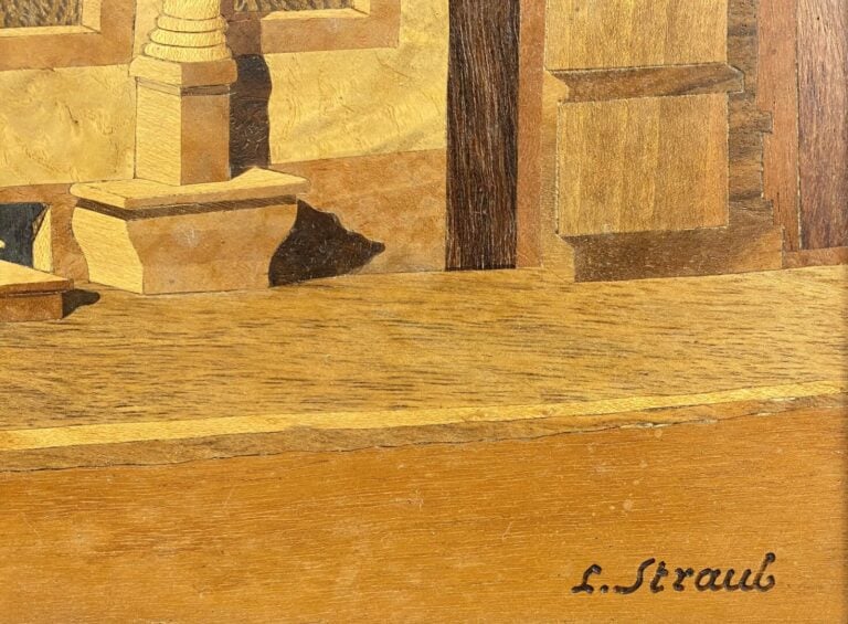 Panneau en bois marqueté à décor d'une maison alsacienne à Saverne - Signé L. S…
