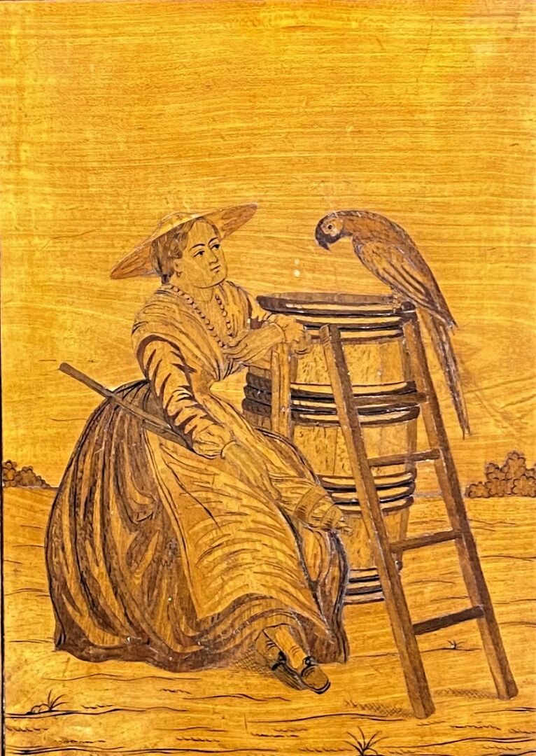 Panneau en marqueterie niçoise d'olivier et amarante figurant un femme au chape…