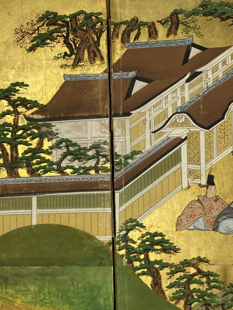 Paravent à six feuilles - Japon, XVIIIe/XIXe - Sur fond dorée scène de prélasse…
