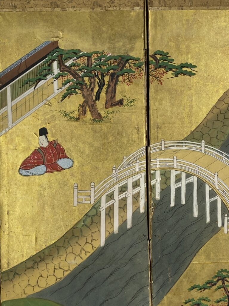 Paravent à six feuilles - Japon, XVIIIe/XIXe - Sur fond dorée scène de prélasse…
