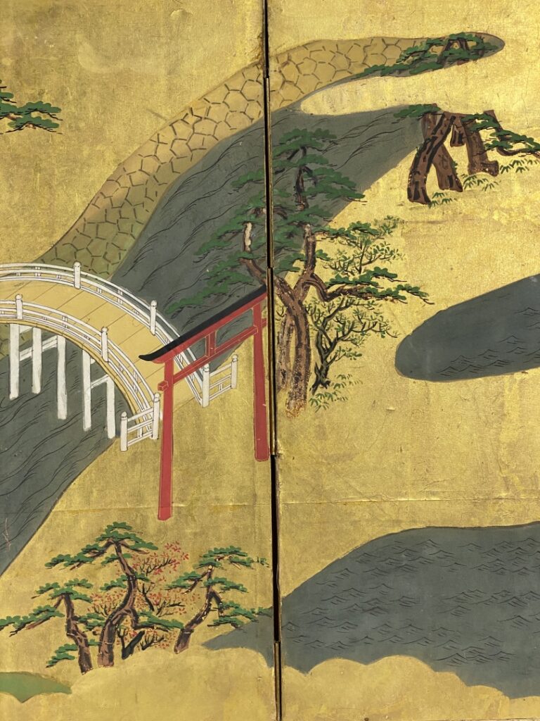 Paravent à six feuilles - Japon, XVIIIe/XIXe - Sur fond dorée scène de prélasse…
