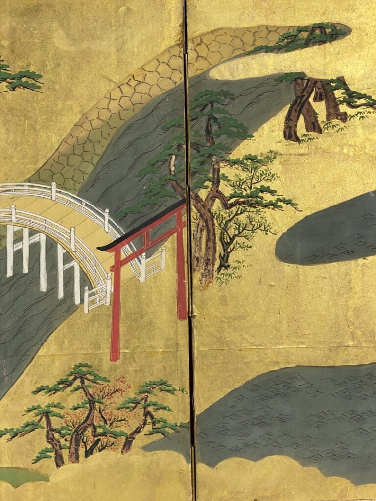 Paravent à six feuilles - Japon, XVIIIe/XIXe - Sur fond dorée scène de prélasse…