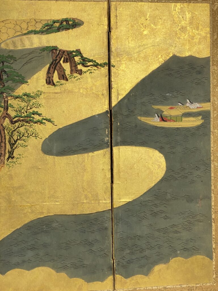 Paravent à six feuilles - Japon, XVIIIe/XIXe - Sur fond dorée scène de prélasse…