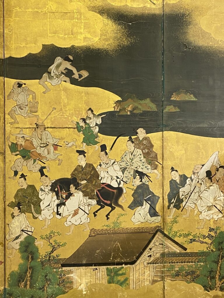 Paravent à six feuilles sur fond doré - Japon, XVIIIe - Scène animée dans un ja…