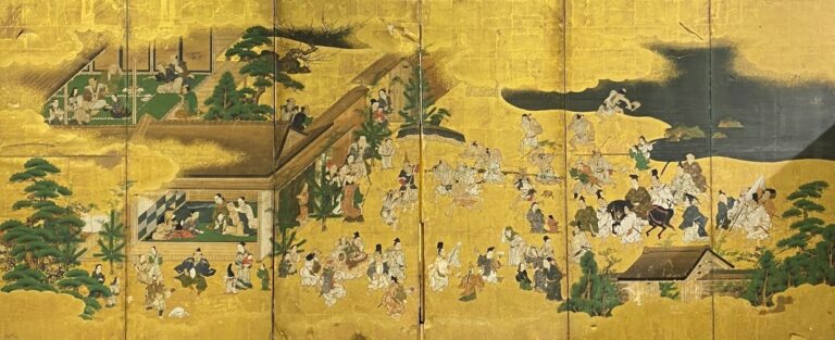 Paravent à six feuilles sur fond doré - Japon, XVIIIe - Scène animée dans un ja…