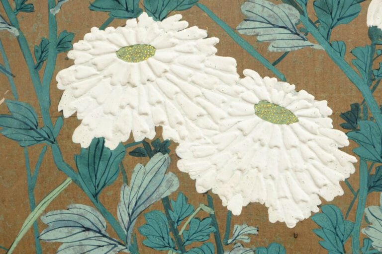 Paravent byobu à 6 panneaux avec une peinture continue de différentes fleurs d'…