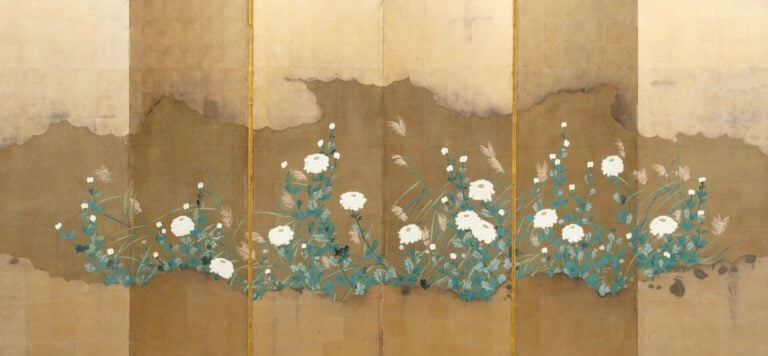 Paravent byobu à 6 panneaux avec une peinture continue de différentes fleurs d'…