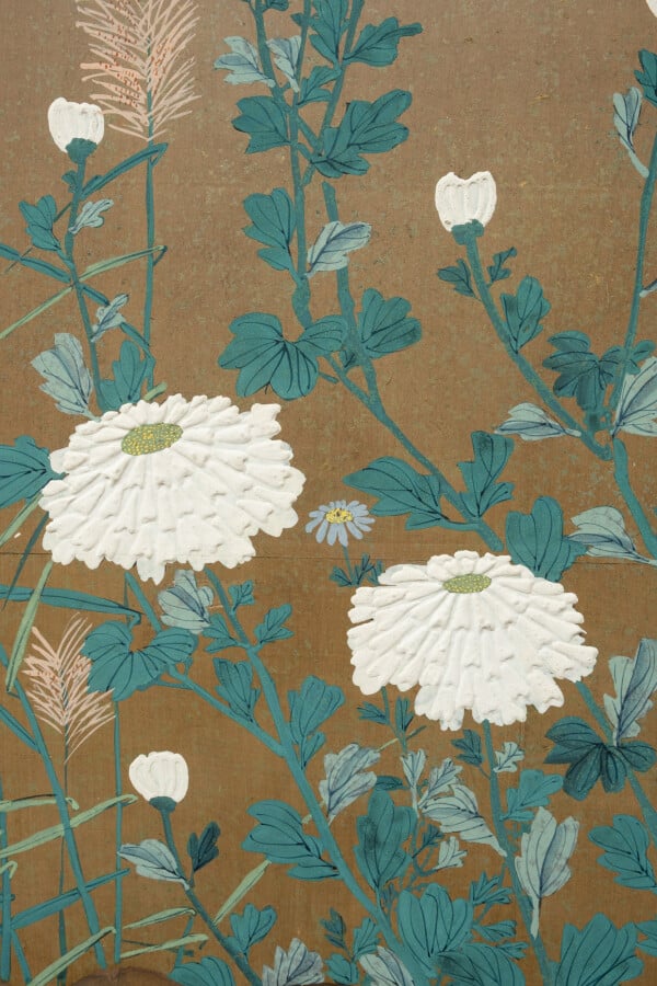 Paravent byobu à 6 panneaux avec une peinture continue de différentes fleurs d'…