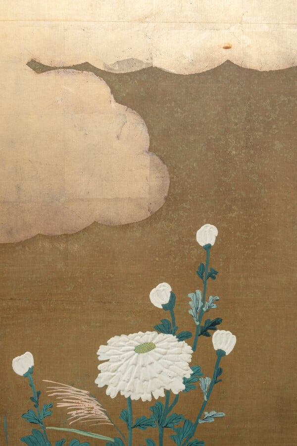 Paravent byobu à 6 panneaux avec une peinture continue de différentes fleurs d'…