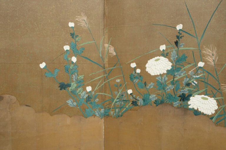 Paravent byobu à 6 panneaux avec une peinture continue de différentes fleurs d'…