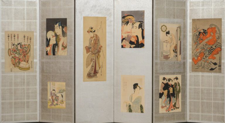 Paravent Byobu à six panneaux, garni de neuf gravures sur bois en fac-similé de…