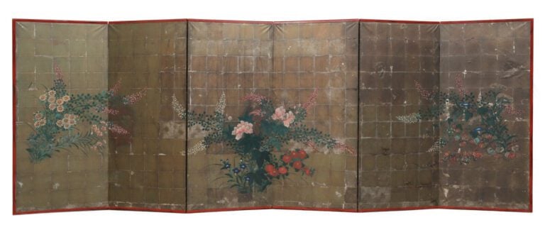 Paravent de taille moyenne à 6 panneaux (byobu) avec des fleurs comme des fleur…