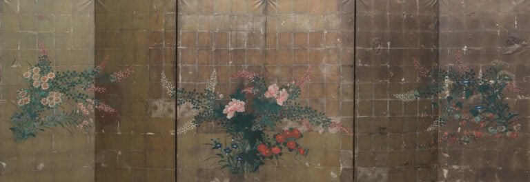 Paravent de taille moyenne à 6 panneaux (byobu) avec des fleurs comme des fleur…