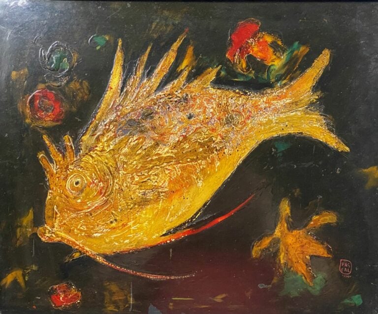 PASCAL (XXe) - Panneau laqué à décor de poisson - Signé en bas à droite et daté…