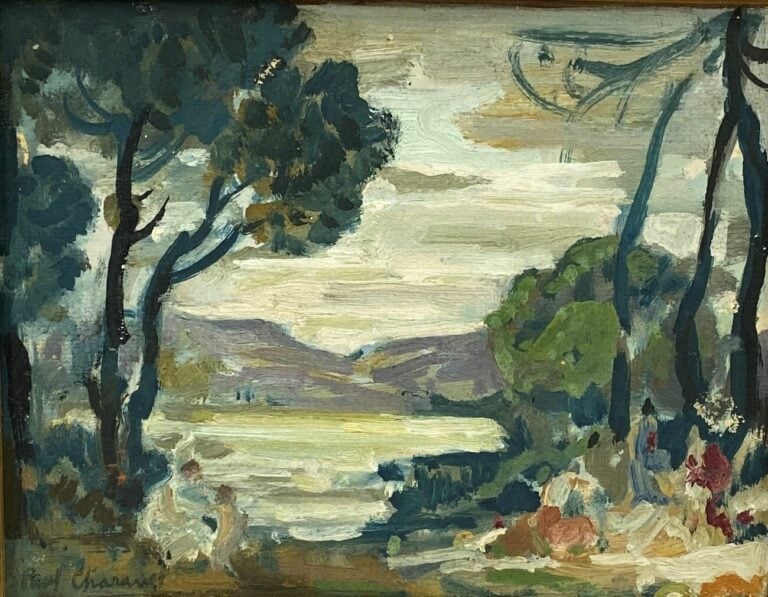 Paul CHARAVEL (1877-1961) - Scène animée dans un paysage lacustre - Huile sur t…