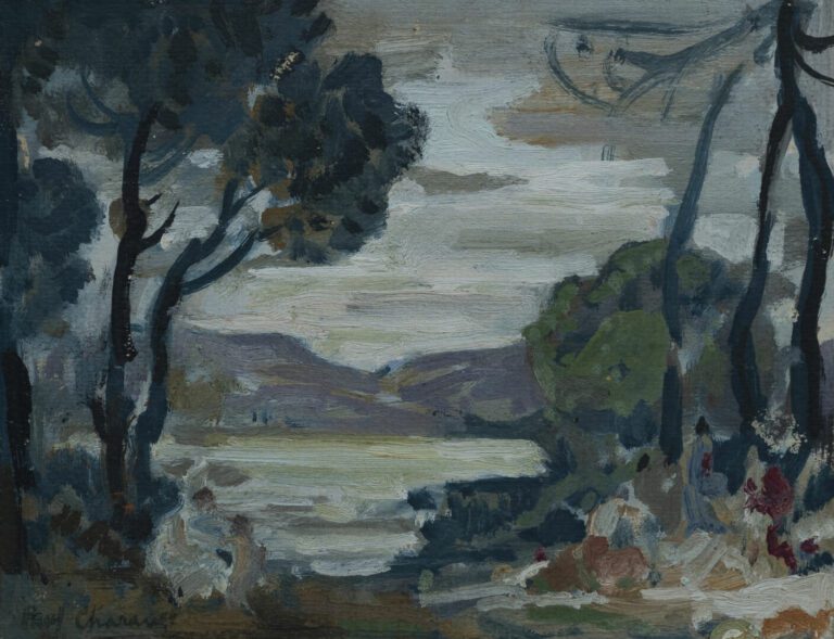 Paul CHARAVEL (1877-1961) - Scène animée dans un paysage lacustre - Huile sur t…