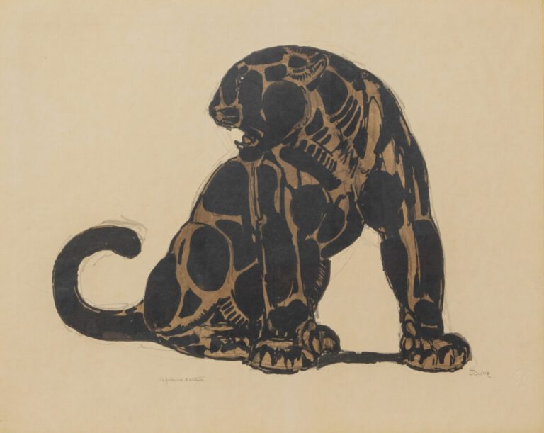 Paul JOUVE (1878-1973) - Jaguar noir assis - Lithographie originale en couleur.…
