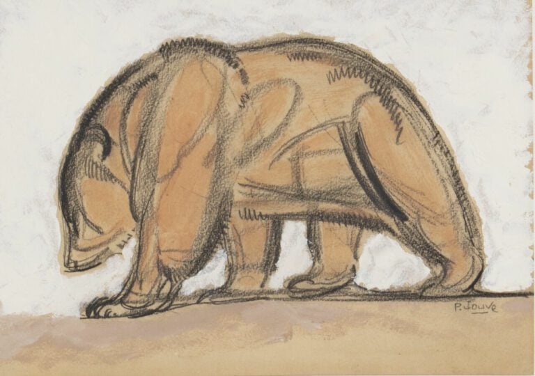 Paul JOUVE (1878-1973) - Ours marchant - Crayon gras, huile et aquarelle sur pa…