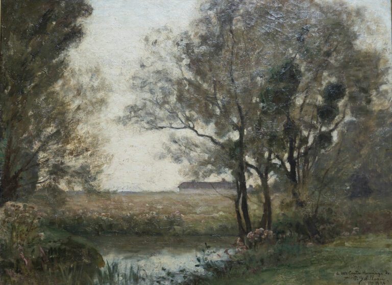 Paul SEBILLEAU (1847-1907) - Paysage de bord de rivière - Huile sur toile - Sig…