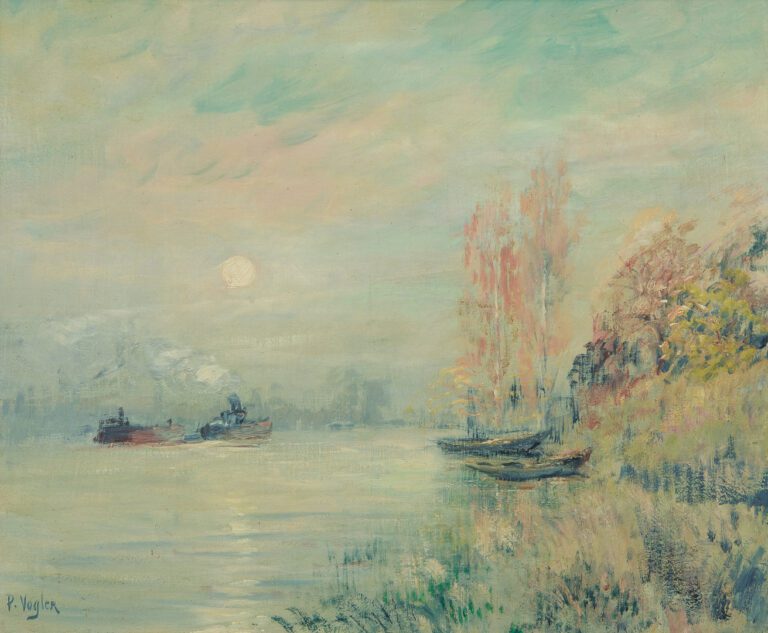 Paul VOGLER (1852-1904). - Soleil levant dans la brume - Huile sur toile, signé…