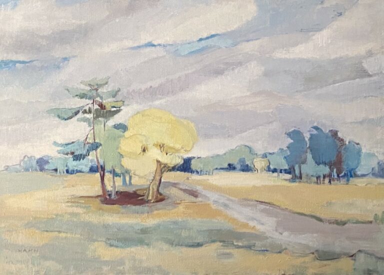 Paysage aux arbres - Huile sur toile, signée en bas à gauche - 73 x 100 cm