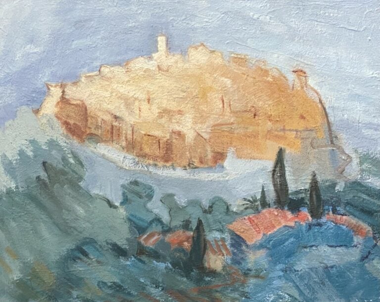 Paysage de montagne ; Les gorges ; village ; nu assis - Quatre huile sur toiles…