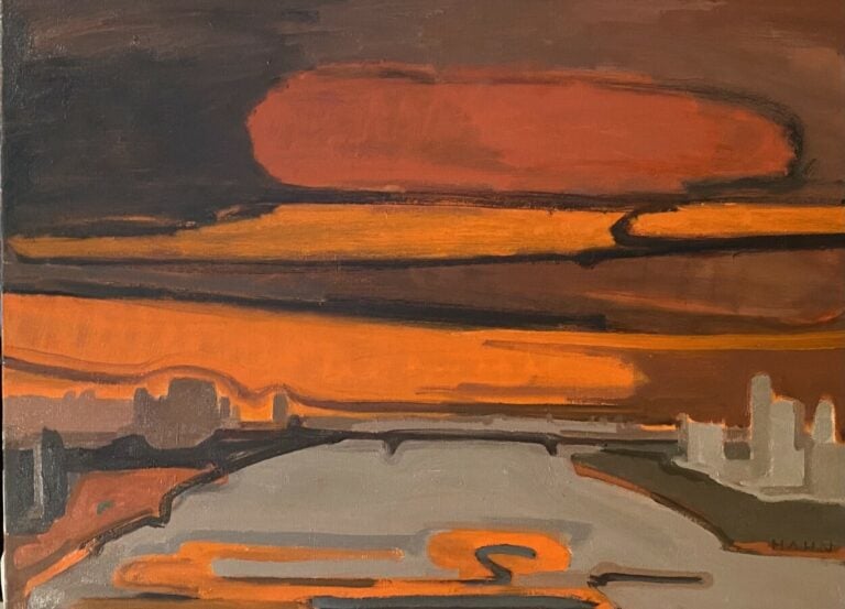 Paysage rouge - Huile sur toile, signée en haut à gauche, - 60 x 81 cm