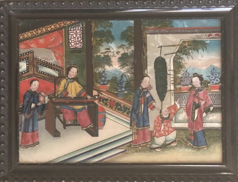 Peinture à décor de scène de palais, une dignitaire jouant - du Guqing face à u…