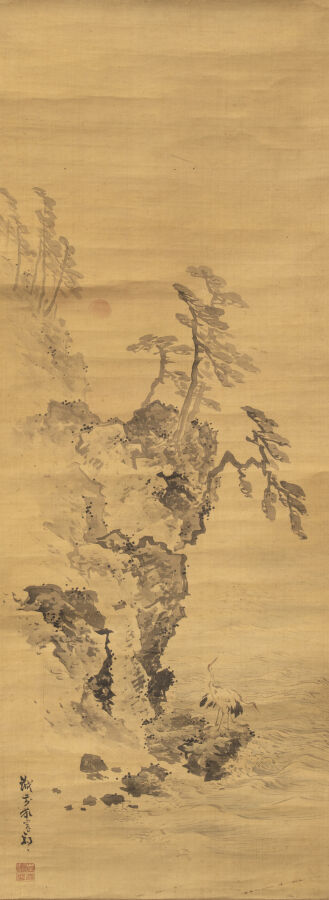 Peinture montée en kakemono, à décor d'une falaise boisée, deux cigognes perché…