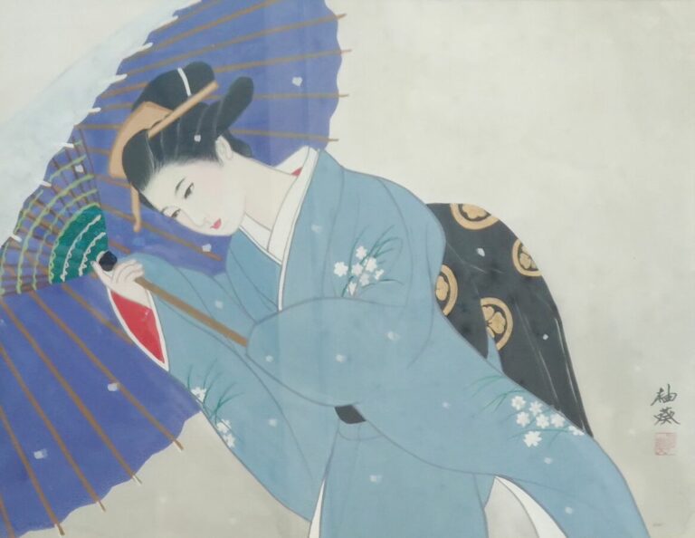 Peinture représentant une Geisha penchée, tenant une ombrelle. - Signé en bas à…