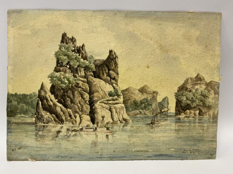 PEINTURE SUR CARTON - Vietnam - Bateau dans la baie - Signé "G.P 1896" - (usure…