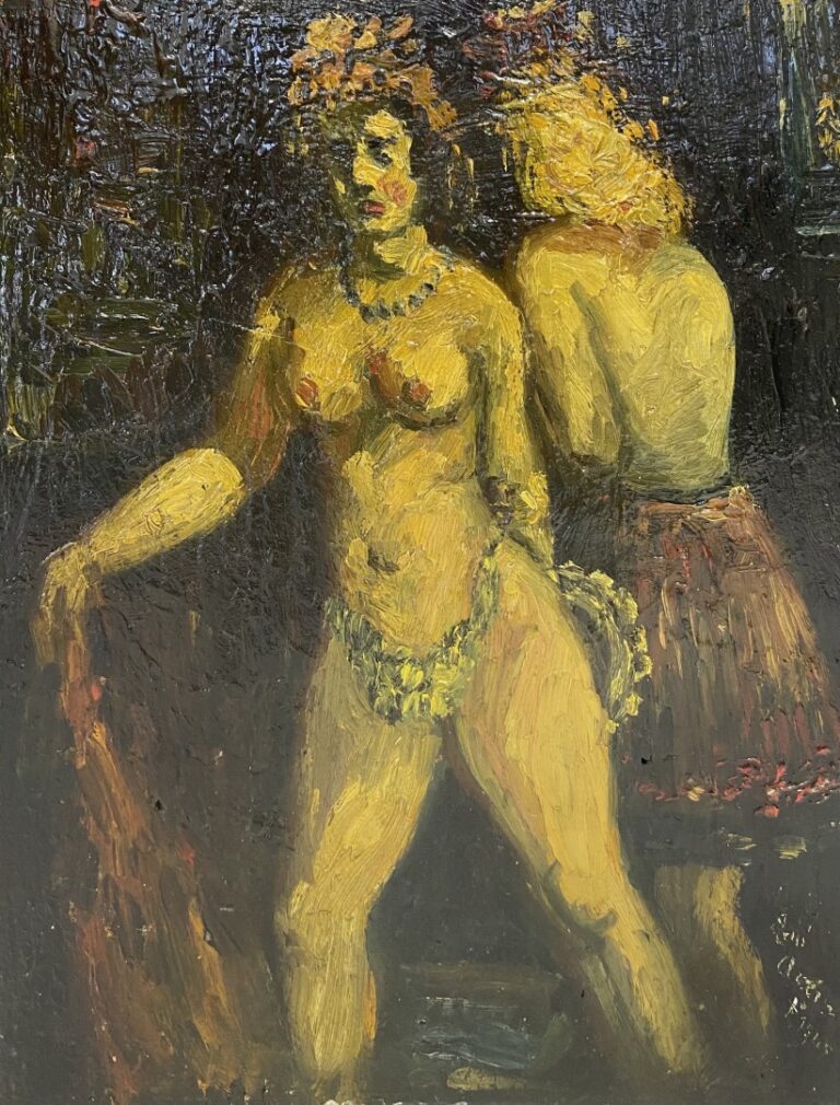 Peinture sur panneau de bois - Représentant deux femmes - 35 x 27 cm